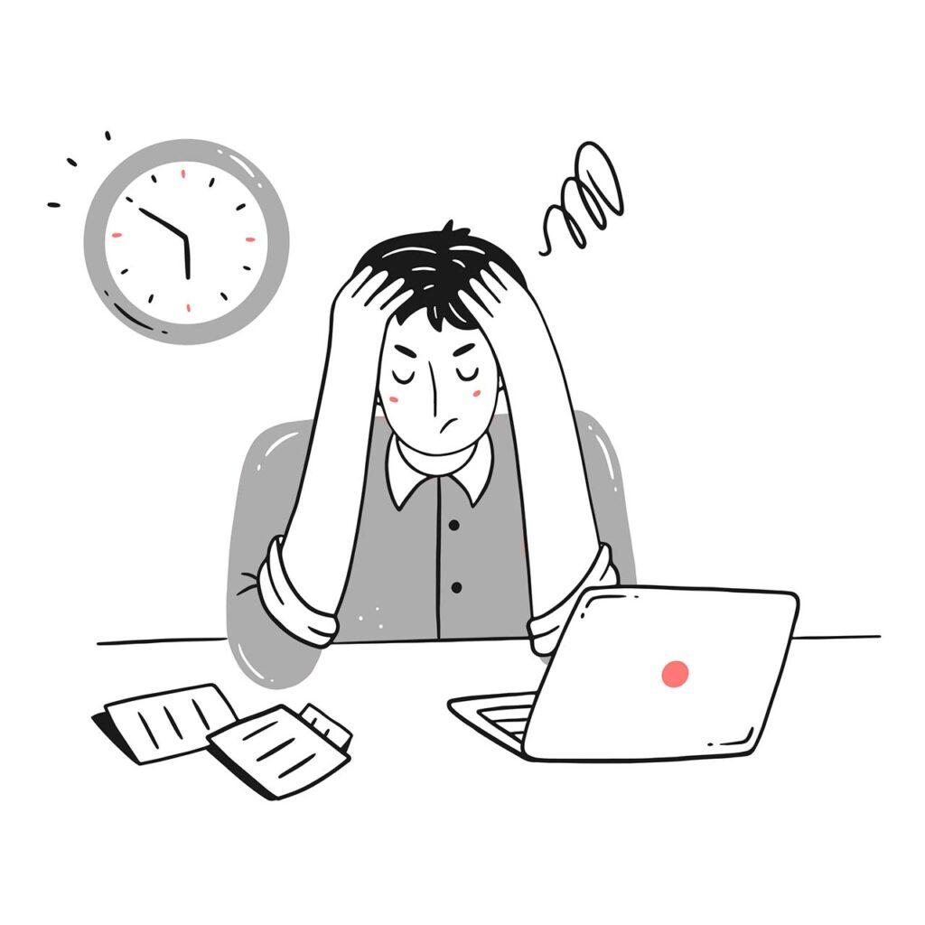 Berufliche Neuorientierung Titelbild – Illustration einer Person, die gestresst bzw. unglücklich am Schreibtisch sitzt; im Hintergrund tickt die Wanduhr: Hoffentlich bald Feierabend.
