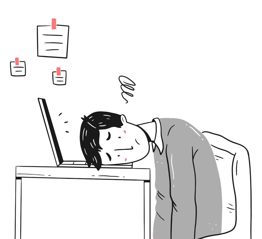 Burnout Coaching Titelbild– Illustration einer Person, die am Schreibtisch sitzt. Die Person wirkt erschöpft und hat den Kopf auf der Laptop-Tastatur abgelegt.