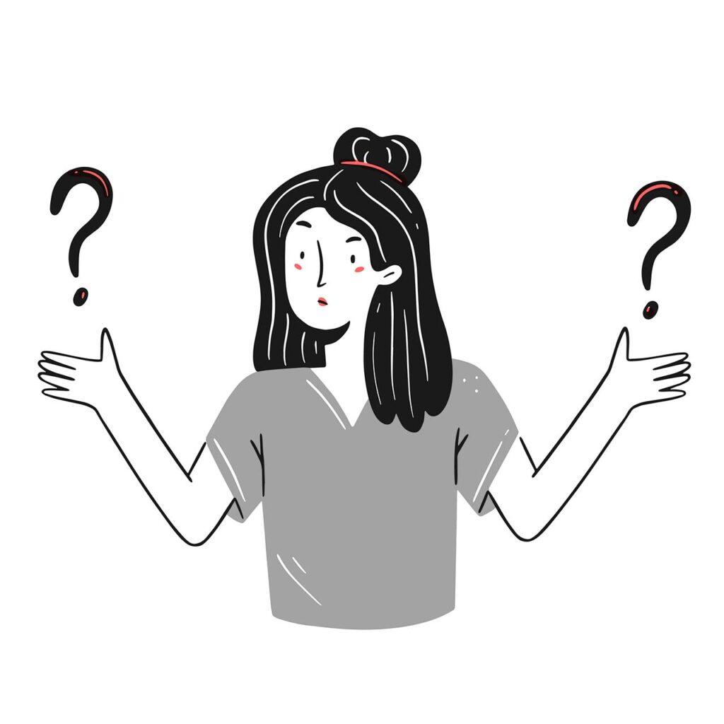 Entscheidungscoaching Titelbild– Illustration einer Person, die fragend schaut und mit den Schultern zuckt. Ein Fragezeichen rechts und links symbolisieren ihre Unentschlossenheit.